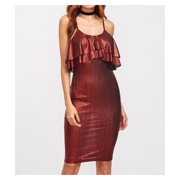 Red Metallic Ruffle Bodycon Midi Dress - Picture 1 of 8